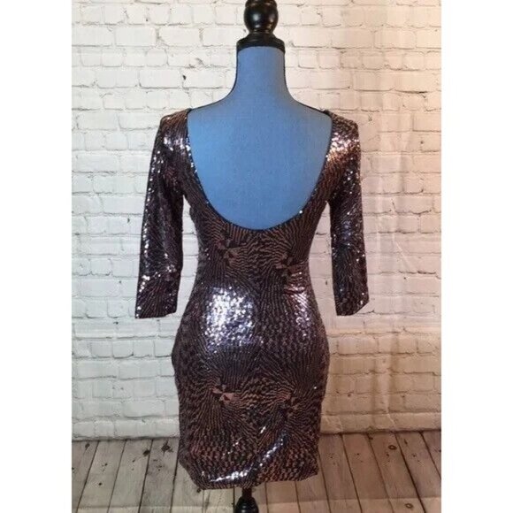 As U Wish Dress Bodycon Copper Black Sequins Low Scoop Back 3/4 Sleeve Small - Picture 2 of 7
